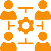 Four user silhouettes surrounding a central gear connected by lines, symbolizing teamwork and collaboration.