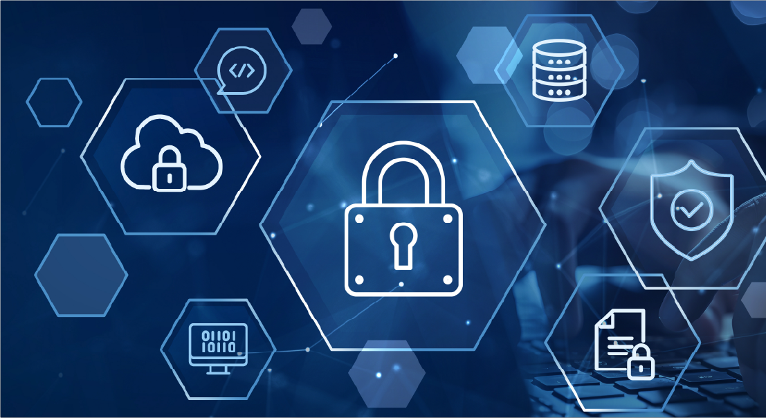 Central padlock icon inside a hexagon representing data security and encryption in a tech network.
