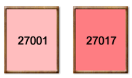 isms04 | 日本最初の品質マネジメントシステム認証機関 -日本化学キューエイ株式会社 Two framed color swatches: left light pink 27001, right coral pink 27017.